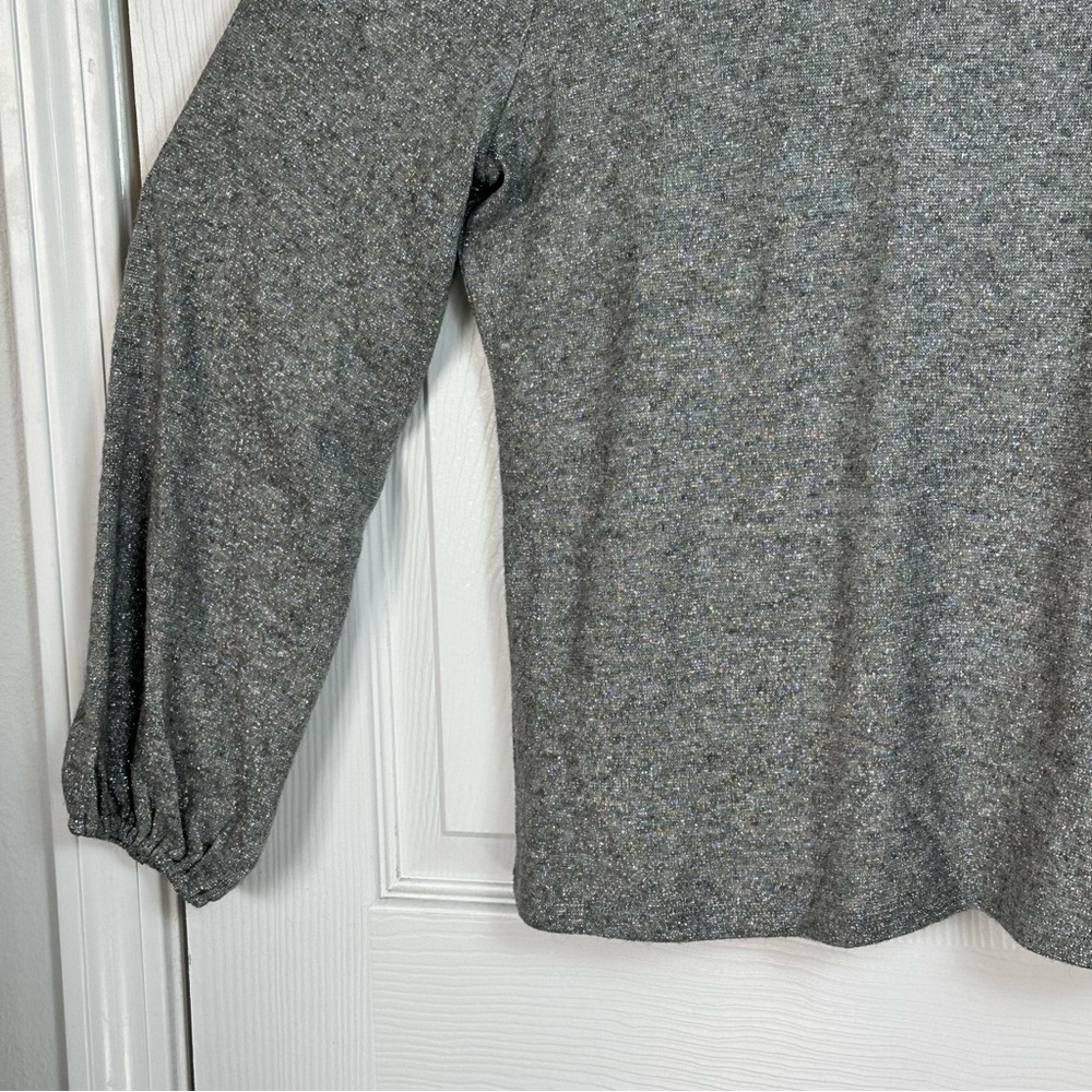 Talbots Gray Metallic Ruffle Neck Sweater L Long Sleeve Velvet Bow Back Holiday - Picture 3 of 12
